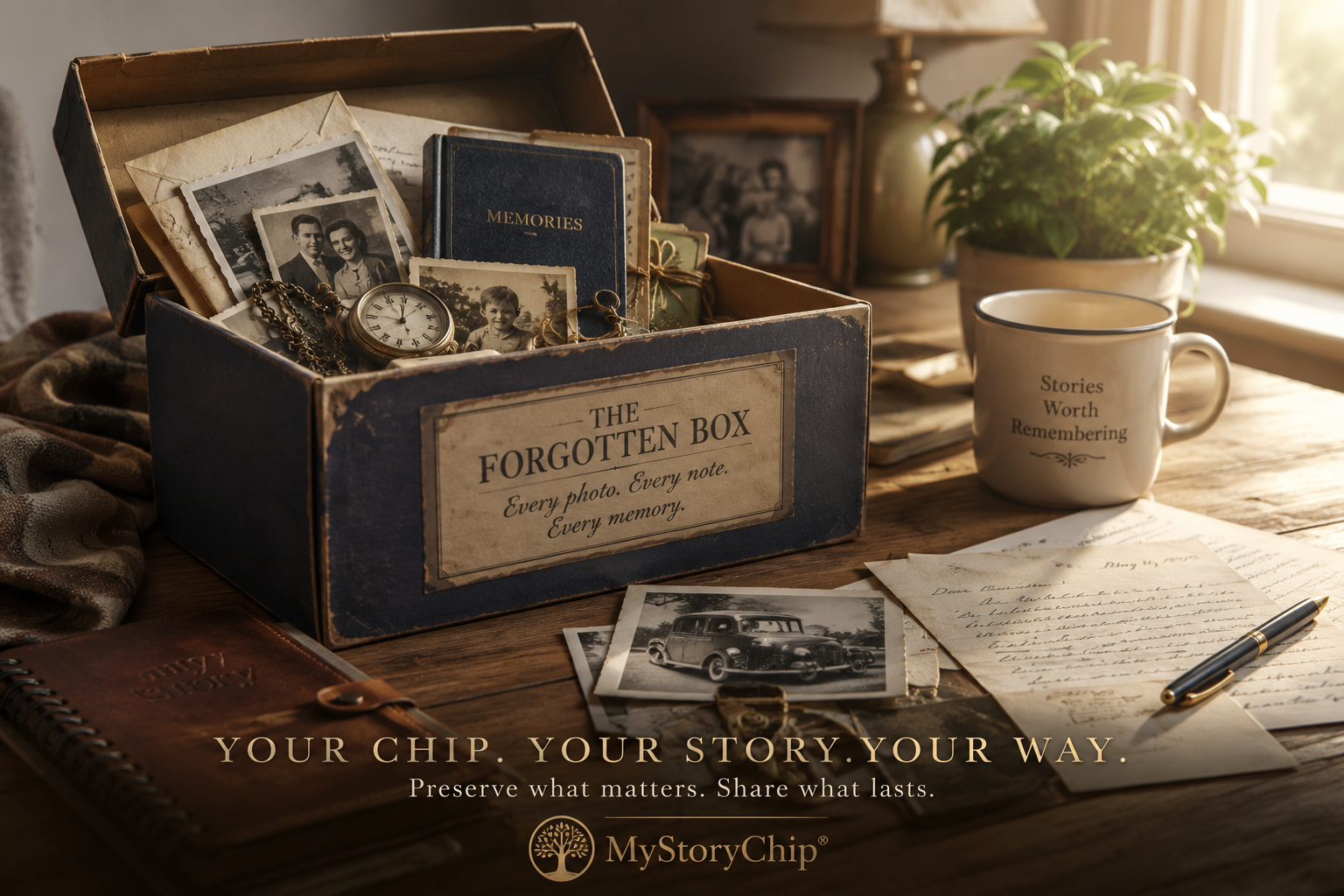 A worn shoebox filled with treasured family memories beside a MyStoryChip